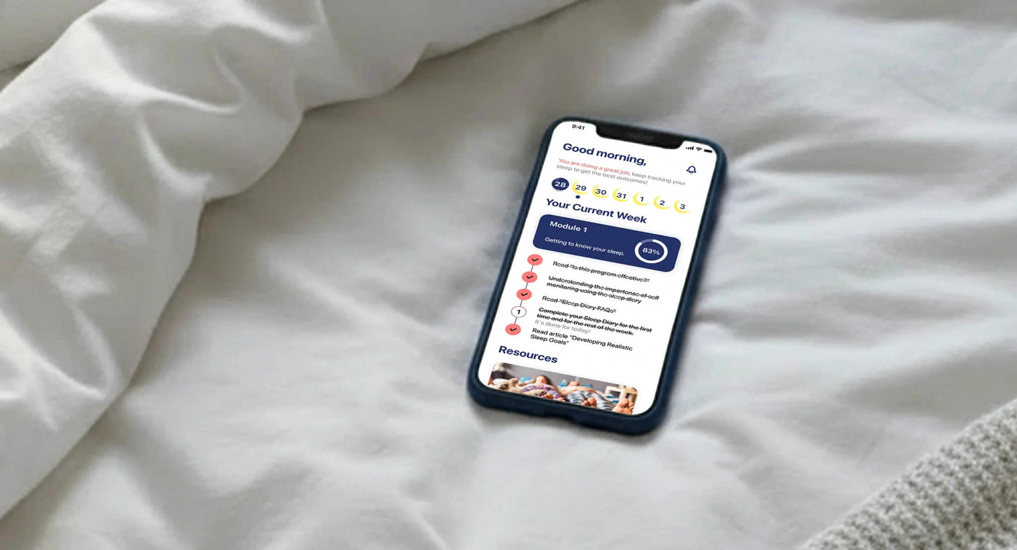 Mobile app displaying a sleep improvement program with progress tracking, daily tasks, and personalized wellness insights on a smartphone