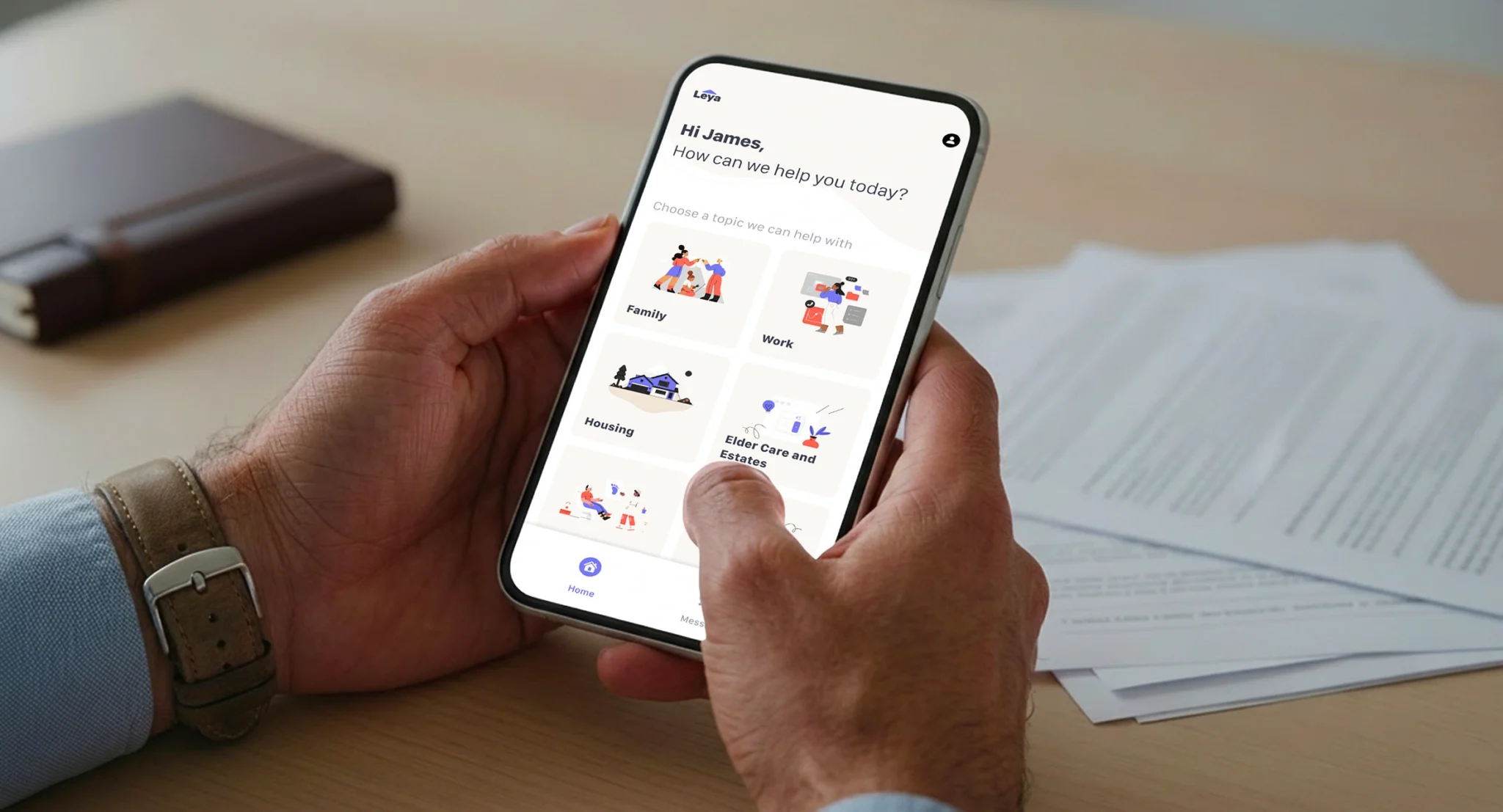 User interacting with a LegalTech mobile app to access personalized legal support and services