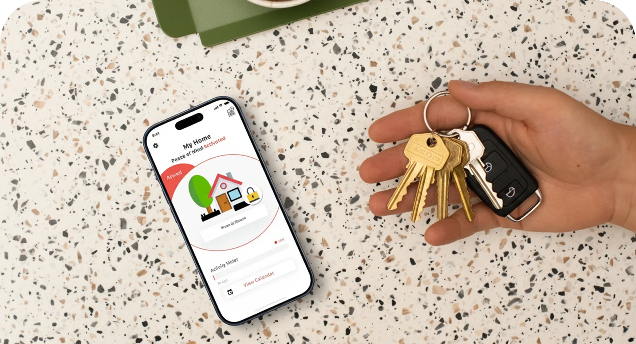 User interacting with a mobile app displaying real-time home security alerts and wireless sensor data