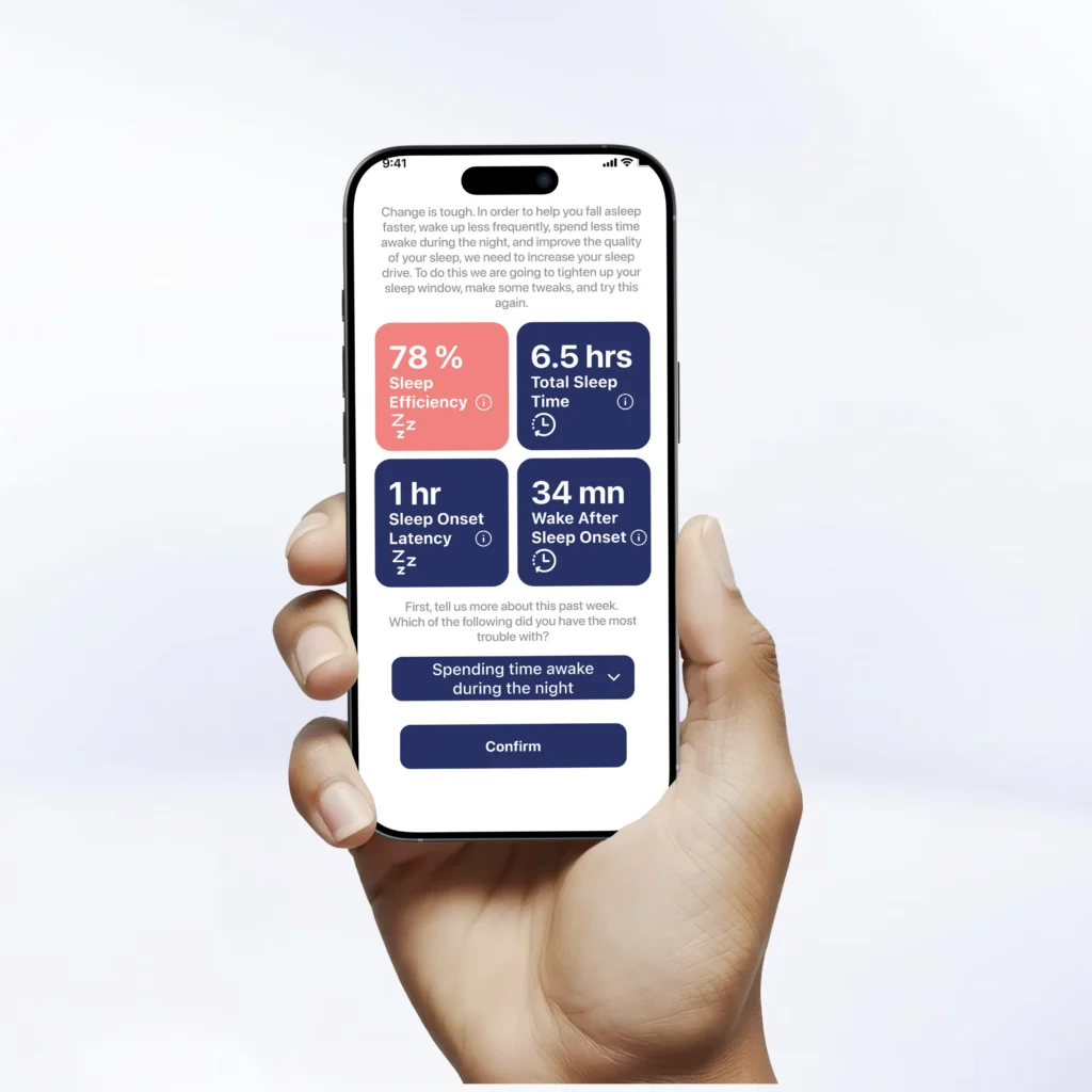 iCANSleep app displaying sleep efficiency, total sleep time, and a weekly check-in question for CBT-I treatment
