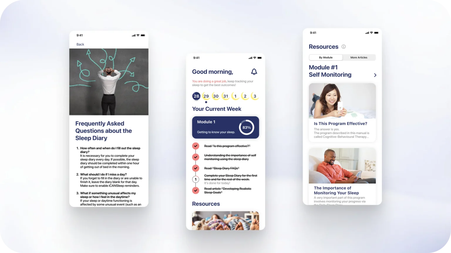 iCANSleep app screens showing a sleep diary FAQ, the home dashboard with weekly progress, and educational articles in the Resources tab