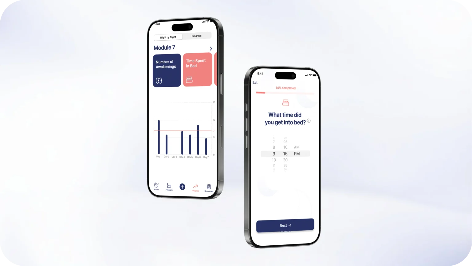 iCANSleep iOS app showing weekly sleep diary progress charts and a bedtime entry screen