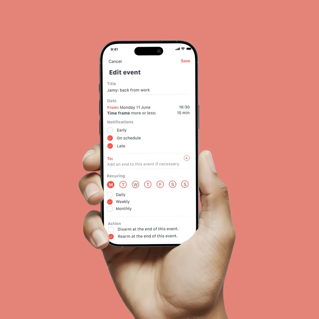 Hand holding a phone showing the Aerial app's event scheduling screen with notification and recurrence settings