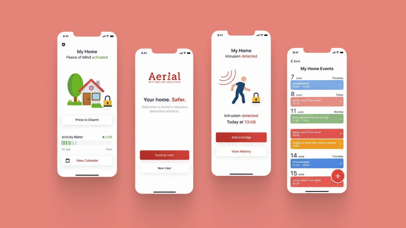 Four screens from the Aerial home security app: home status, welcome screen, intrusion alert, and event calendar