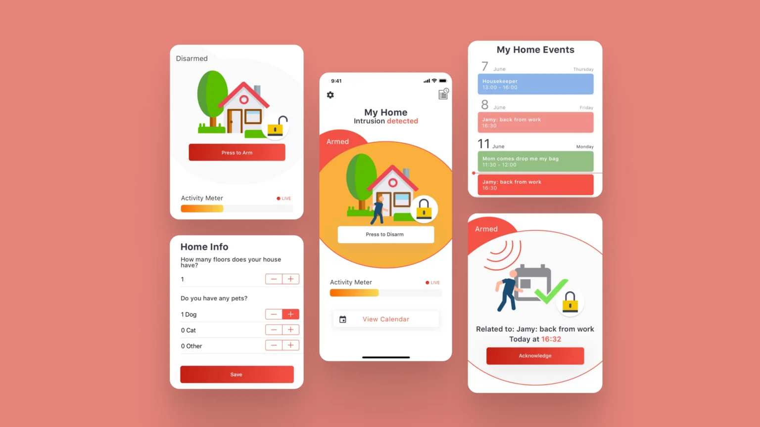 Aerial home security app screens showing armed status, home setup form, and event notifications