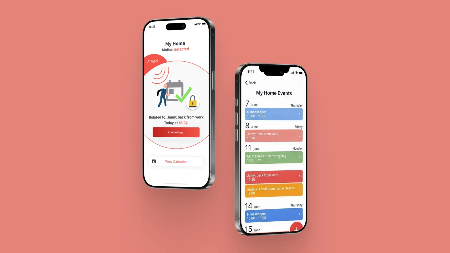 Aerial app screens showing a motion detected alert and the My Home Events list