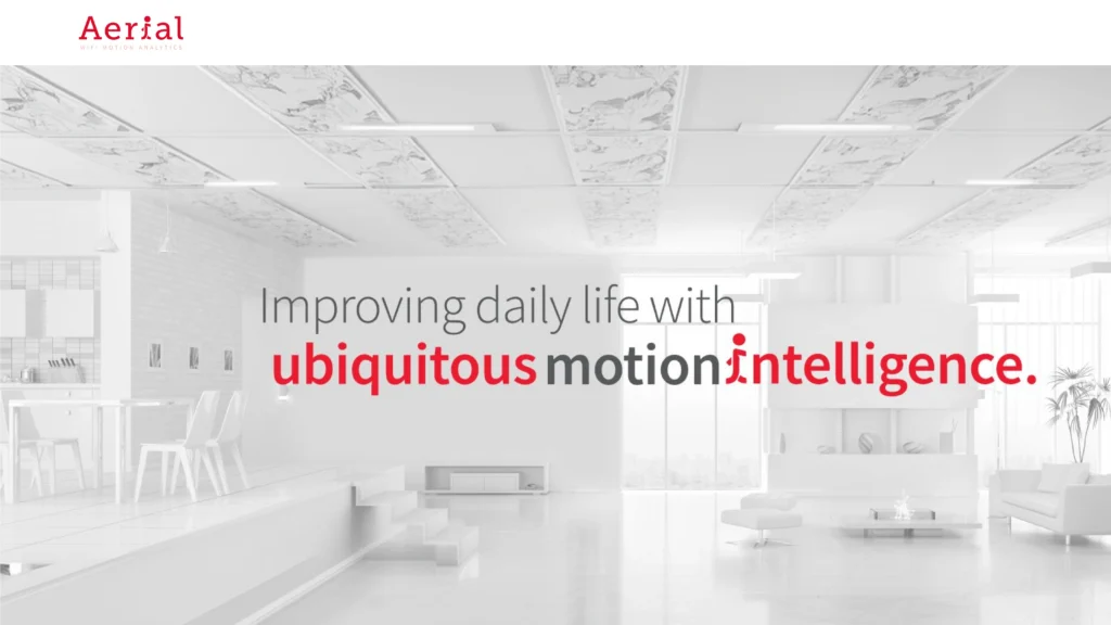 Aerial logo and tagline 'Improving daily life with ubiquitous motion intelligence' over a minimalist living room