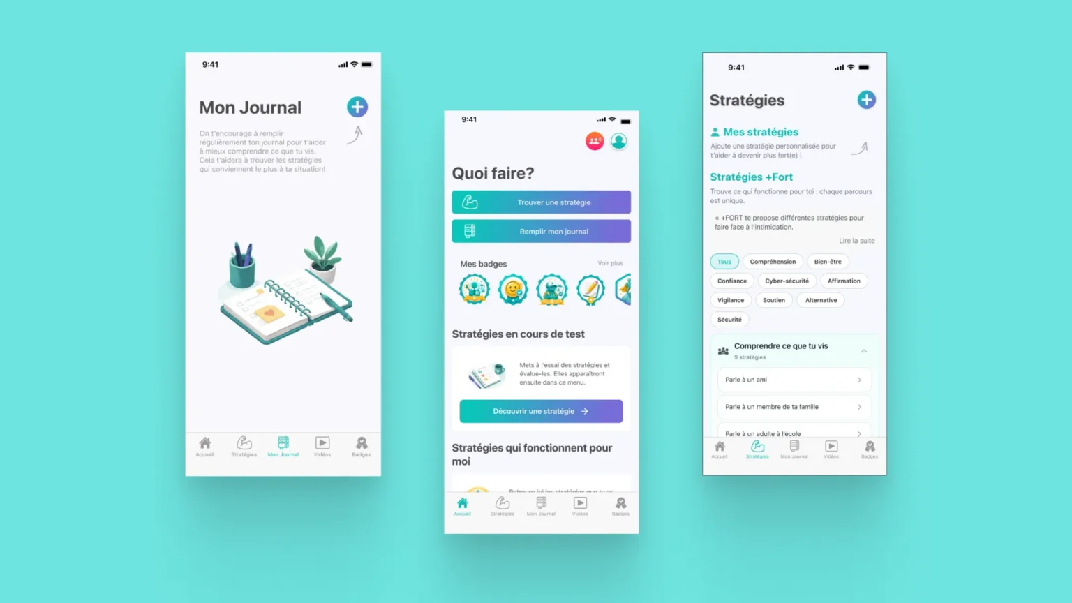 Three +Fort app screens: the journal, the home screen with strategy and journal shortcuts, and the list of strategies by category