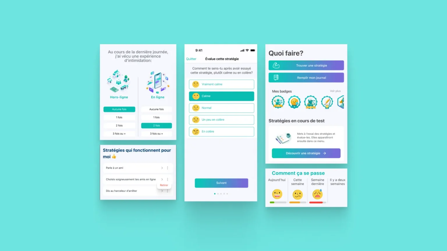 +Fort app components showing an offline and online bullying log, a strategy rating screen with mood options, and a weekly mood tracker