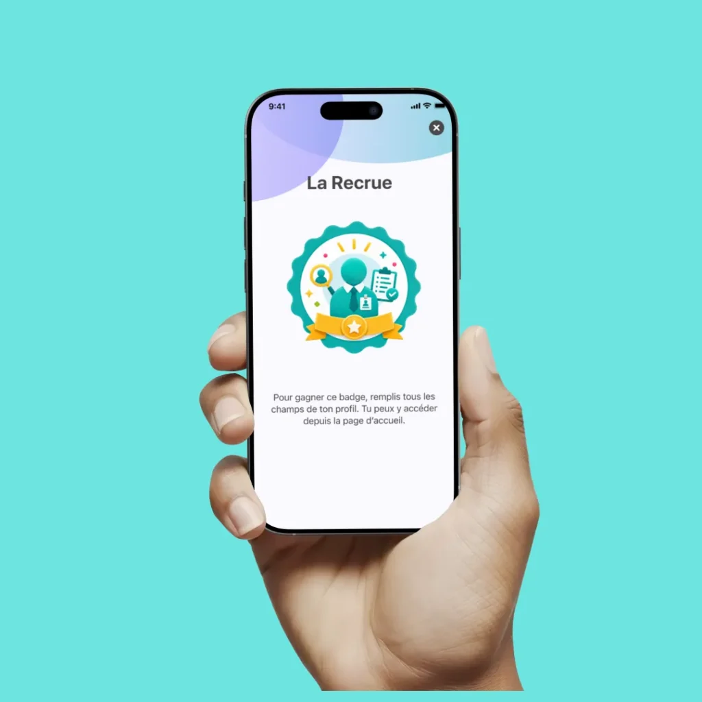 Hand holding a phone showing a +Fort app badge earned by completing the user profile