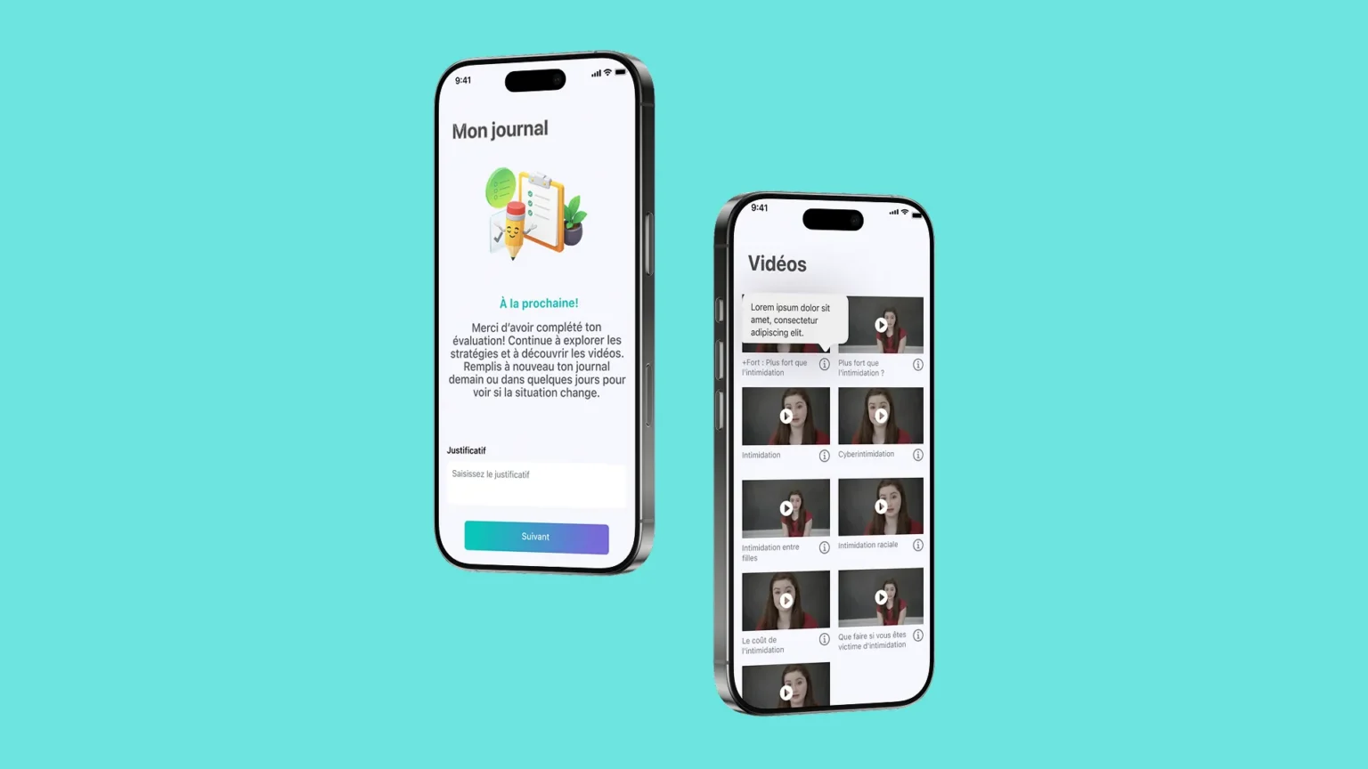 Two +Fort app screens showing a journal completion message and a library of short videos about bullying and cyberbullying