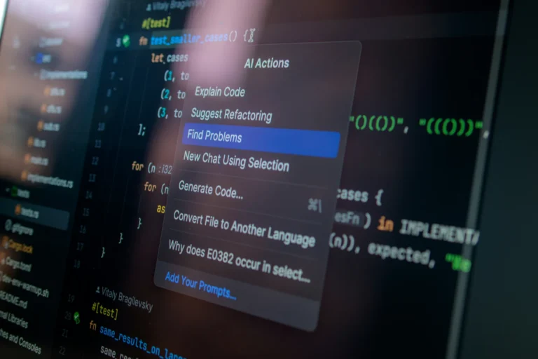 Code editor showing an AI Actions menu with options like Explain Code, Suggest Refactoring, and Find Problems, illustrating the hidden costs of AI development in a vibe coded app