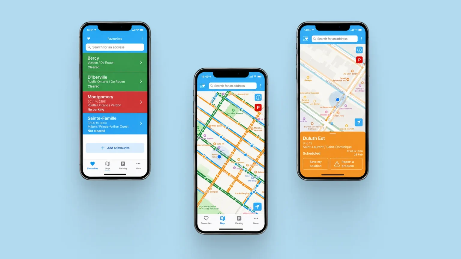 Three INFO-Neige app screens showing favourite streets by status, a color-coded snow removal map and a scheduled loading card for Duluth Est