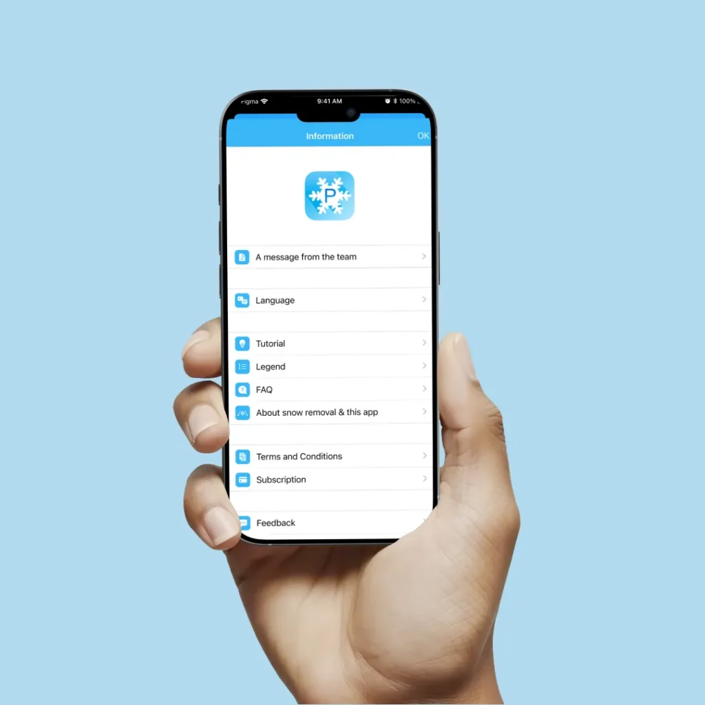 Hand holding a phone showing the INFO-Neige app information menu with tutorial, legend, FAQ and feedback options