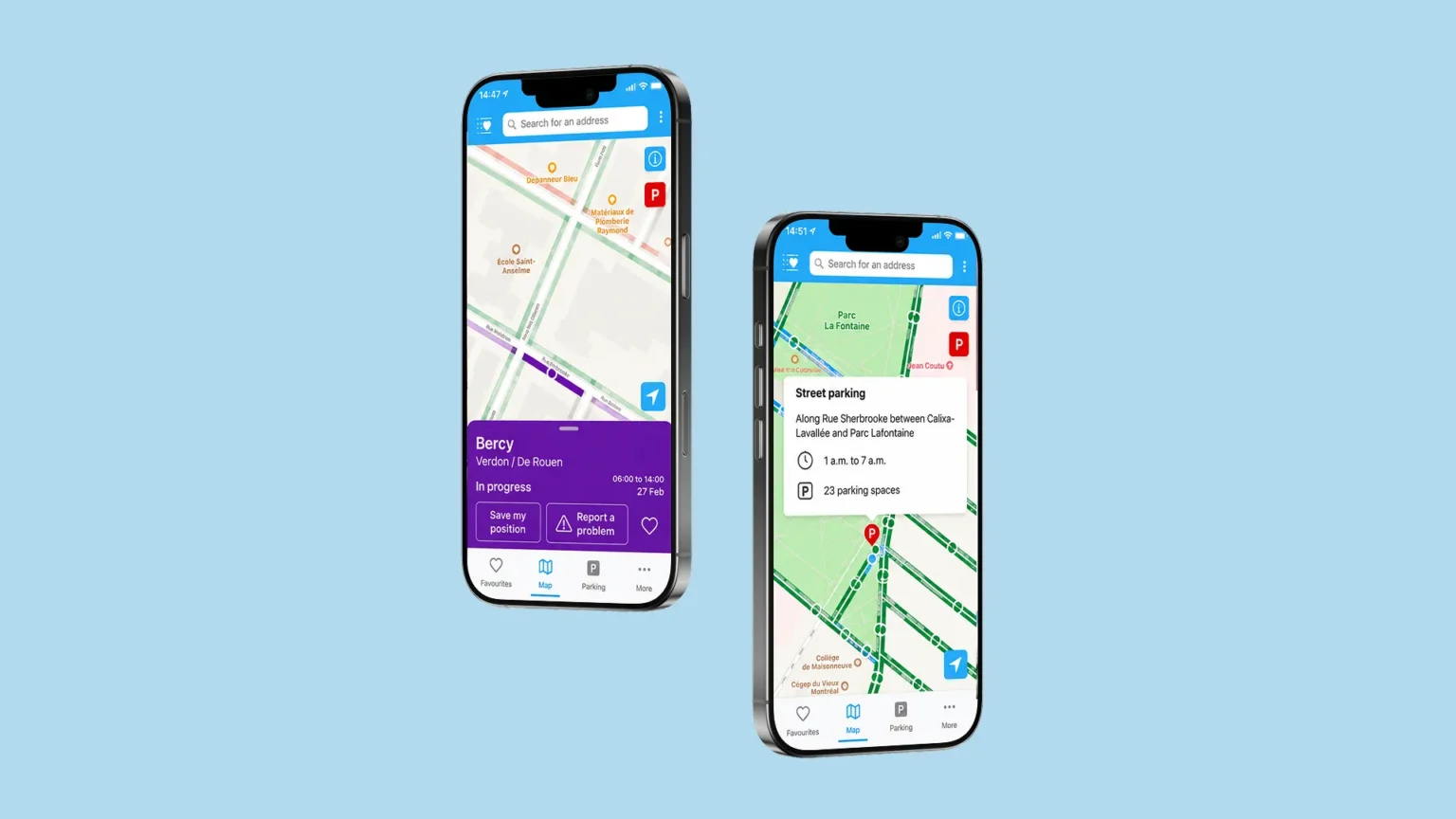 Two INFO-Neige app screens showing a street with snow loading in progress and a street parking option on Rue Sherbrooke with hours and available spaces