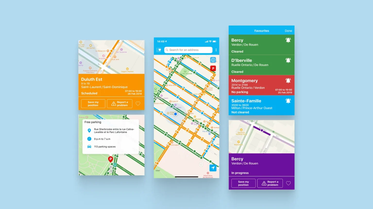 INFO-Neige app components showing a color-coded street map, a scheduled loading card, free parking details and favourite streets by snow removal status