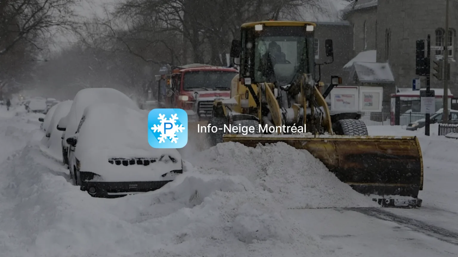 INFO-Neige Montréal app icon over a snow loading operation, with a loader clearing a street lined with snow-covered cars