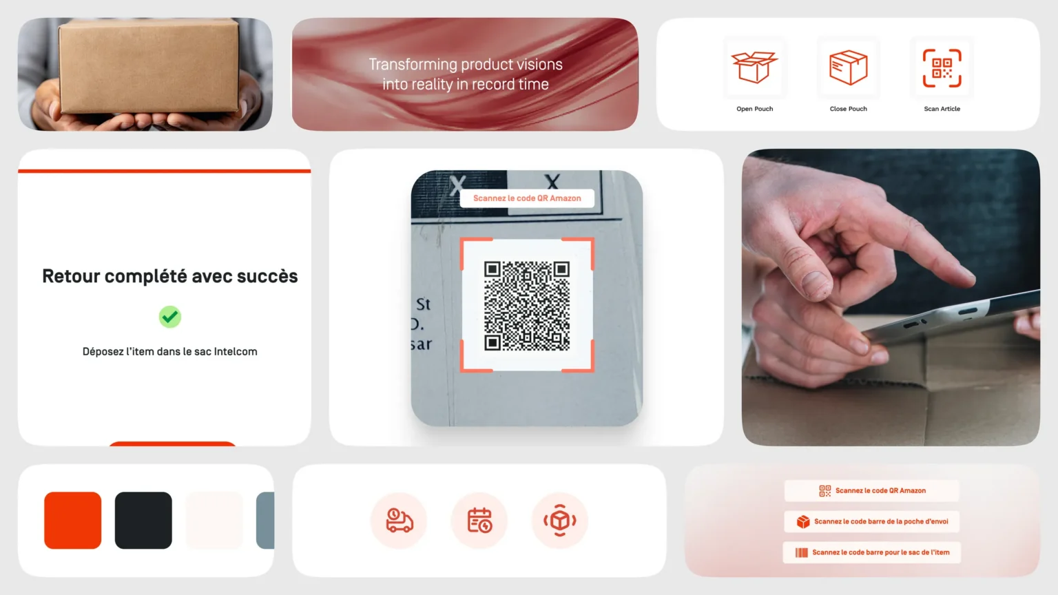 Overview of the Intelcom returns app interface with a QR code scanner, a return confirmation screen, pouch and scan icons, barcode scanning prompts and the brand color palette