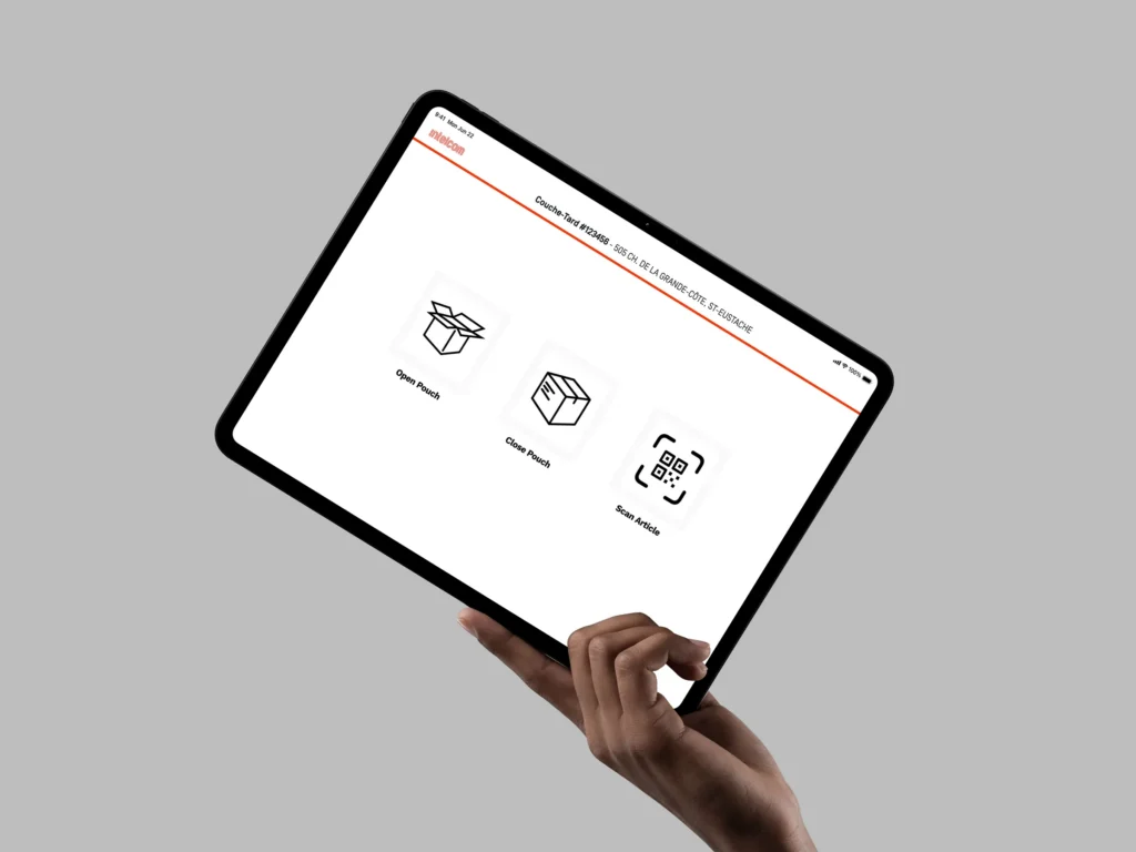 Hand holding an iPad showing the Intelcom returns app home screen with Open Pouch, Close Pouch and Scan Article options
