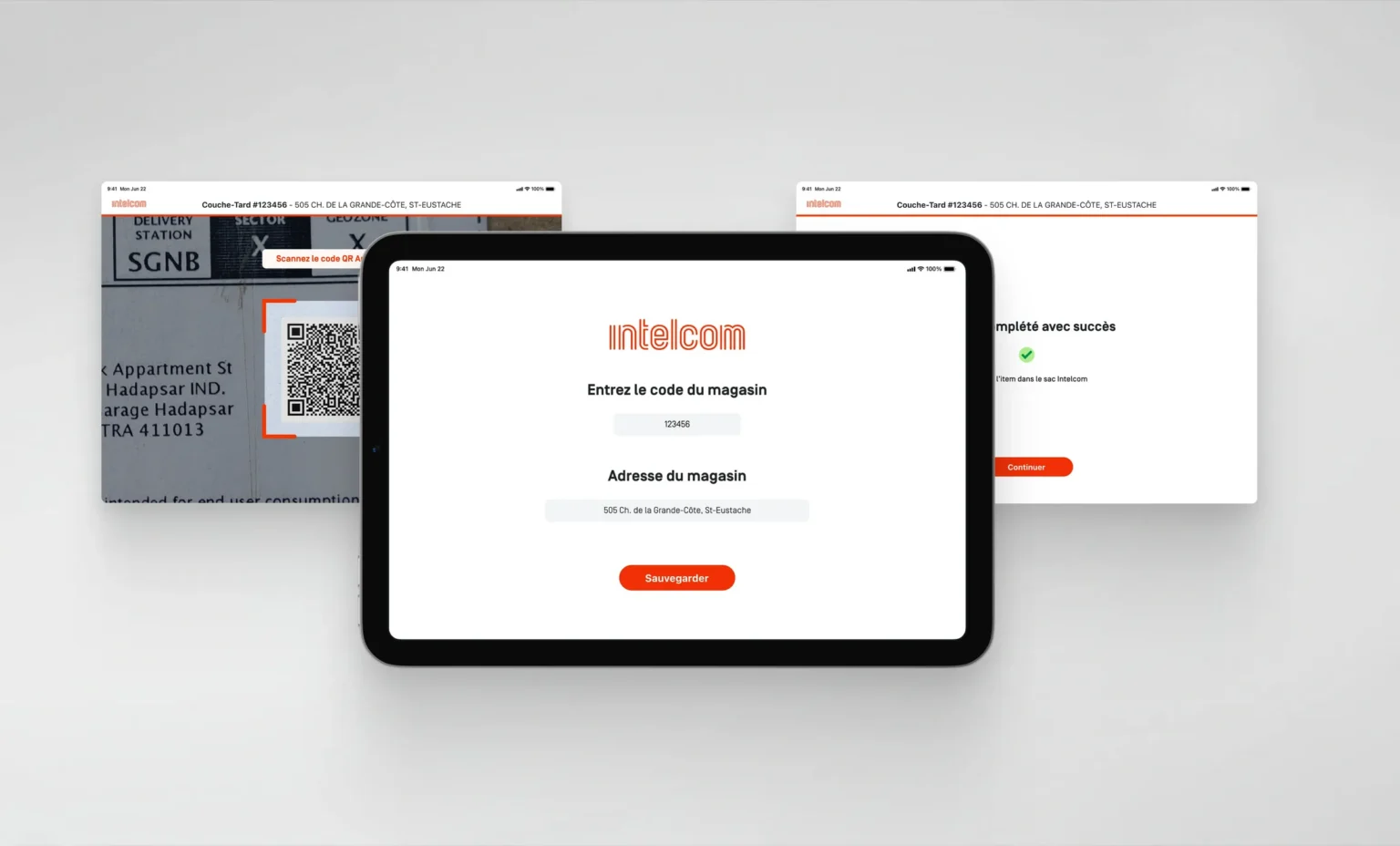 Three screens from the Intelcom returns iPad app: QR code scanning on a parcel label, store code and address setup, and a successful return confirmation