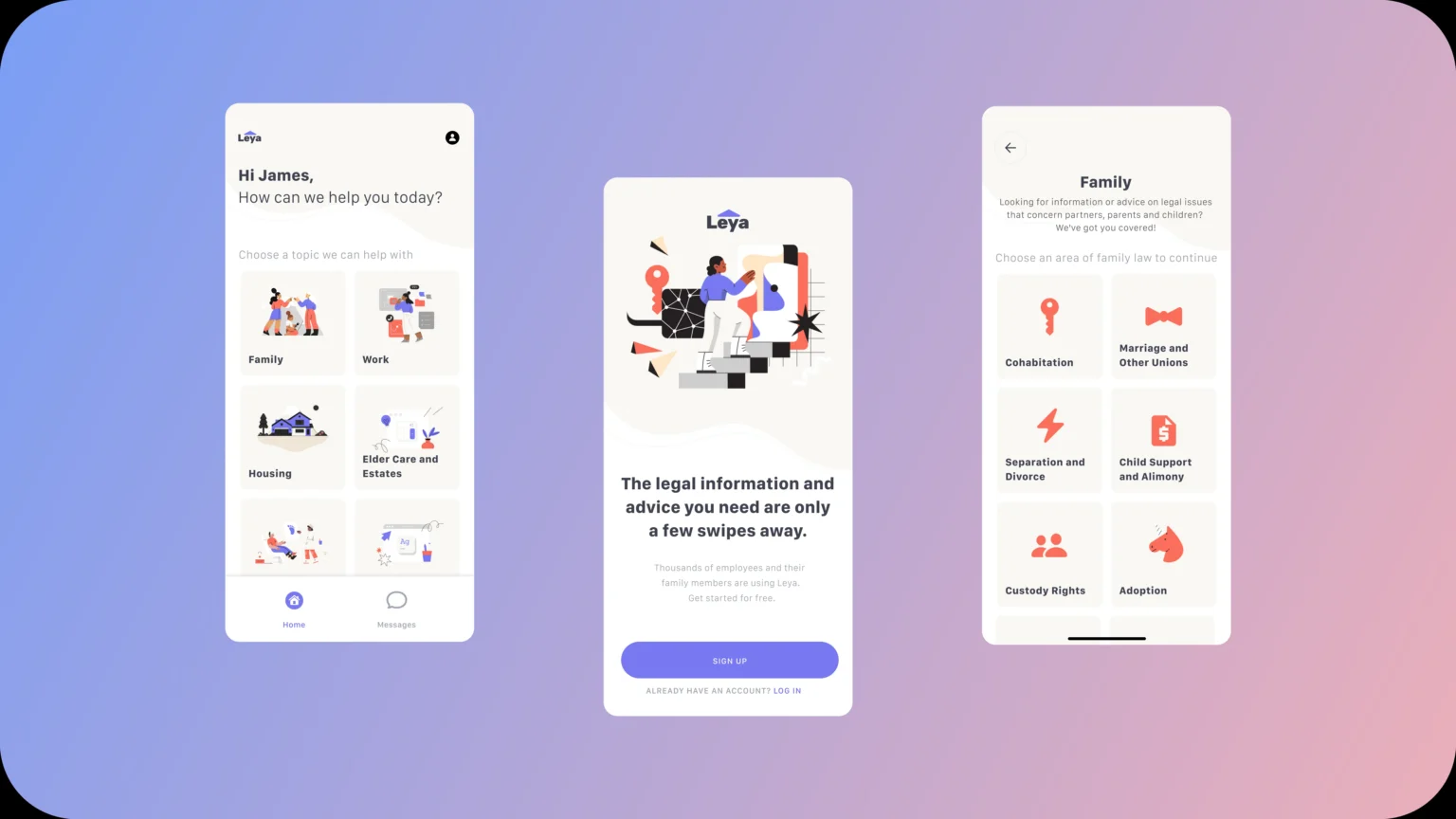 Two screens from Leya's web platform, one for scheduling a lawyer call and one for selecting a marriage or union situation