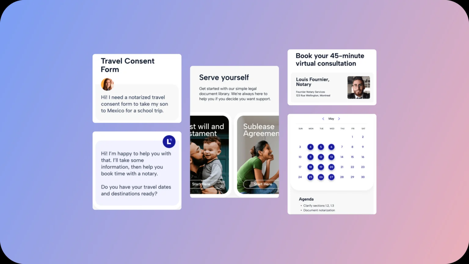 Interface components from Leya's legal services platform, including a chat conversation, a legal document library, and a notary booking calendar