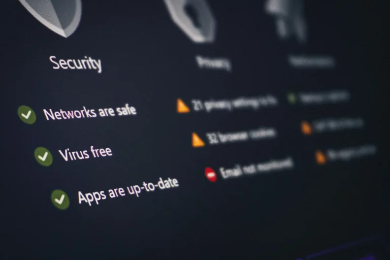 Security dashboard showing checks like "networks are safe," "virus free," and privacy warnings, illustrating a security checklist before launching an AI generated app