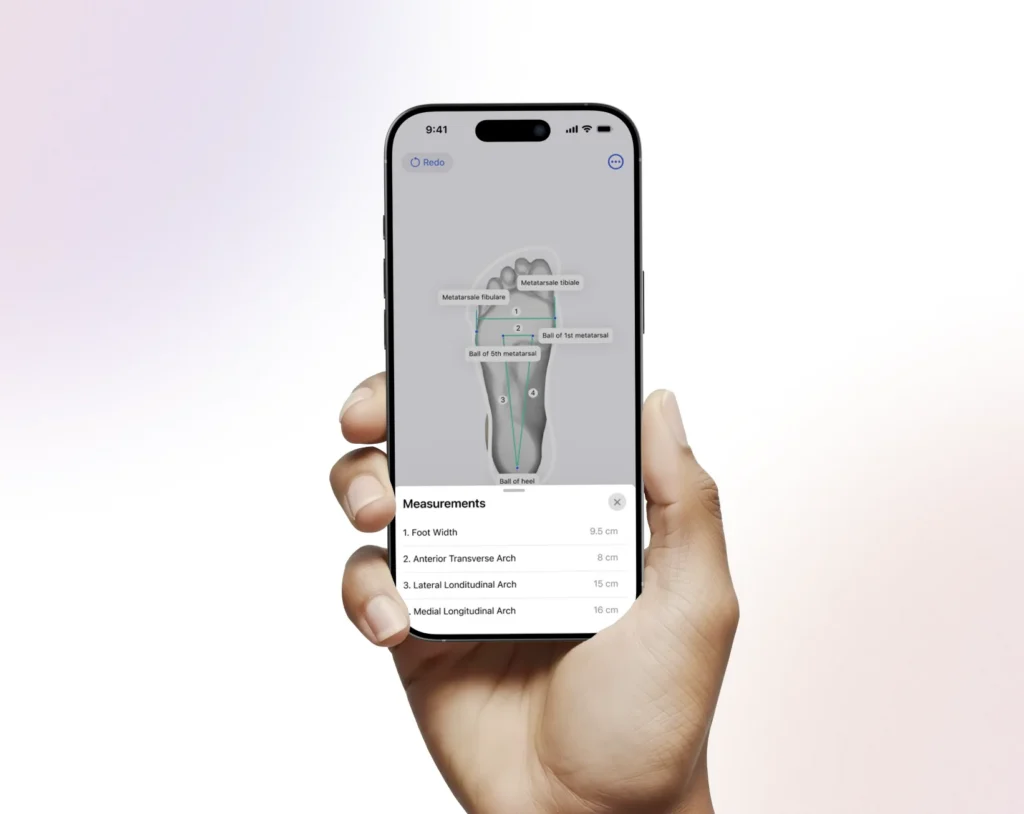 Phone screen showing a 3D foot scan with labeled anatomical points and a measurements panel listing foot width and arch dimensions