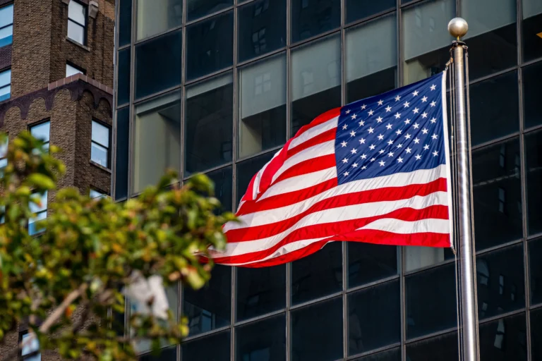 American flag near a building and a tree