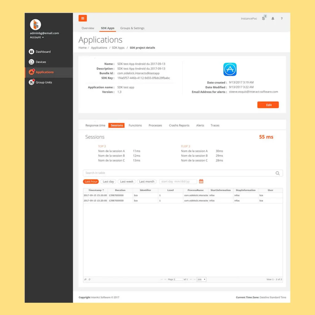 Interact Mobility web dashboard screen showing an SDK app’s details and session response times, with tabs for functions, processes, crash reports, alerts and traces