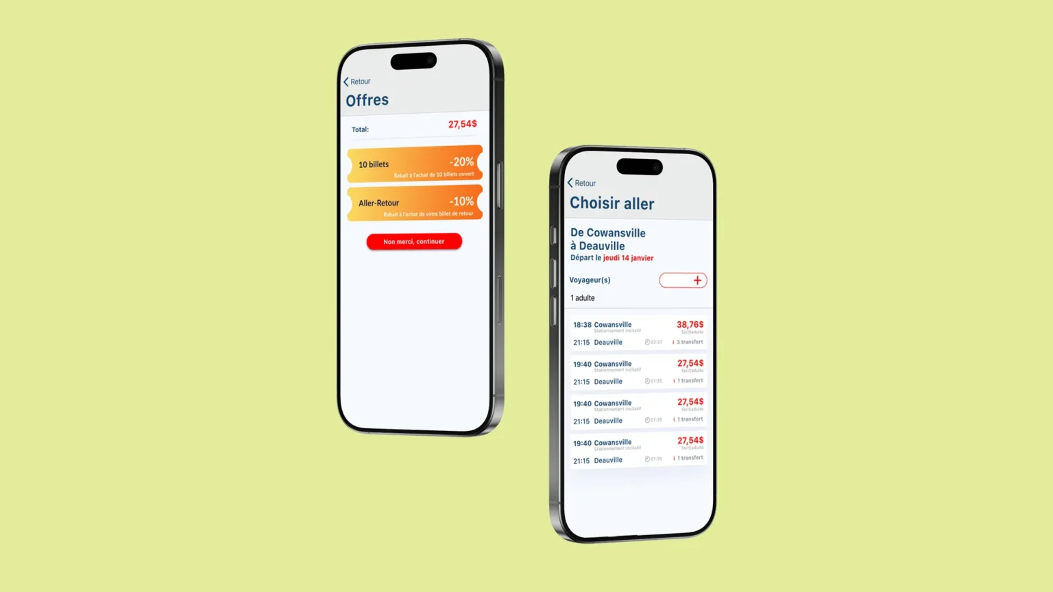 Two phones showing Limocar app mockups: discount offers on multi-ticket and round-trip purchases, and a list of departures with times, fares and transfers