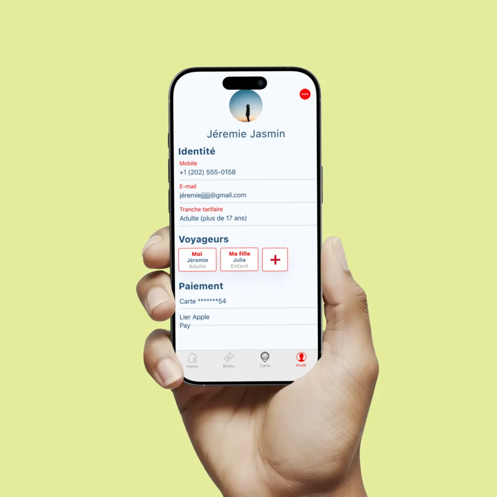 Hand holding a phone with the Limocar app profile screen, showing traveler details, saved travelers and payment options