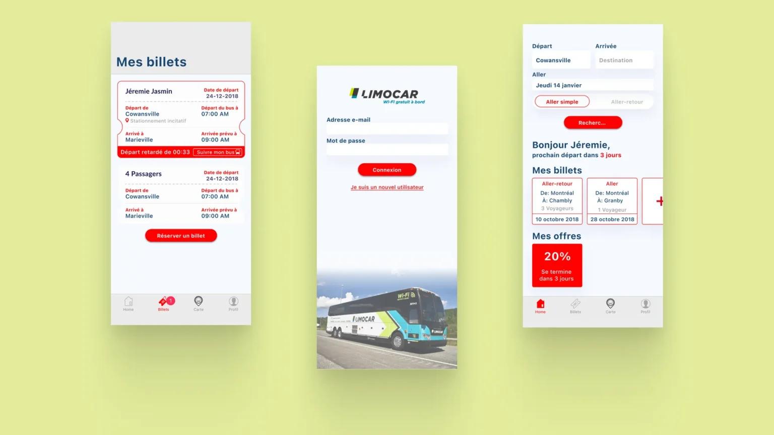 Three Limocar app mockups: a ticket list with a delay alert and bus tracking button, the login screen, and the home screen with trip search, tickets and offers