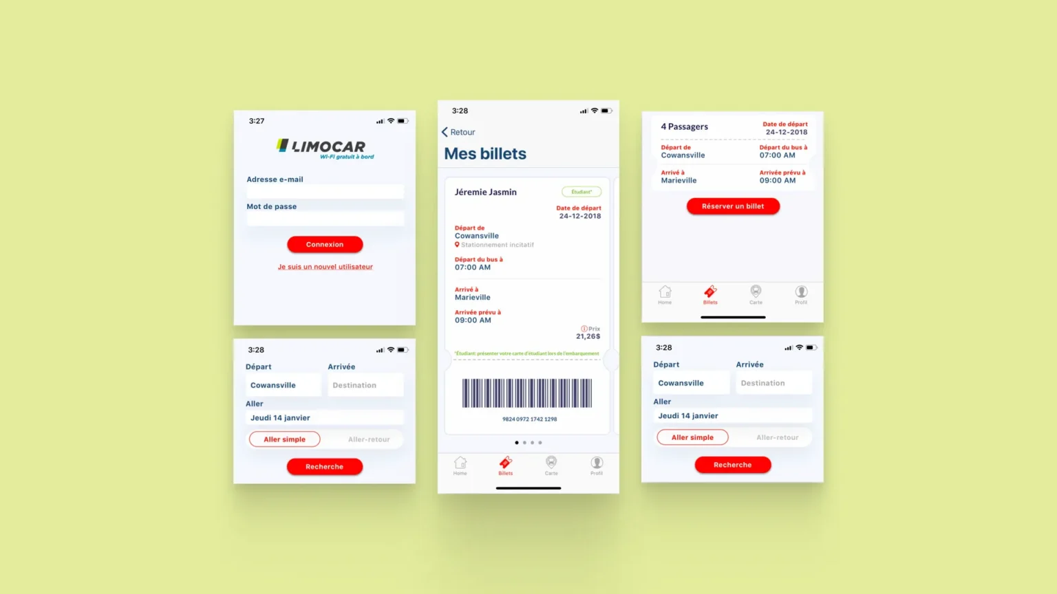 Limocar bus booking app mockups showing the login screen, trip search, a student ticket with barcode and a multi-passenger booking