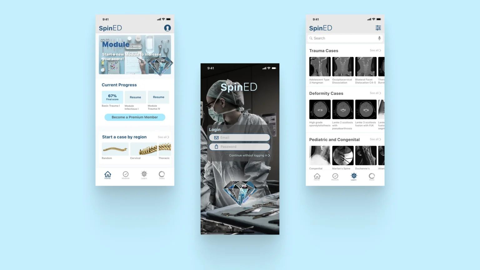 SpinED app home screen with current progress, login screen and case library sorted by trauma, deformity and pediatric cases