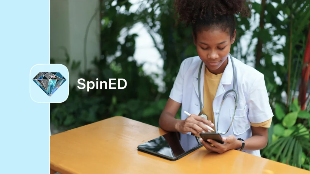 SpinED app icon next to a medical student in a white coat using a smartphone, with a tablet on the table