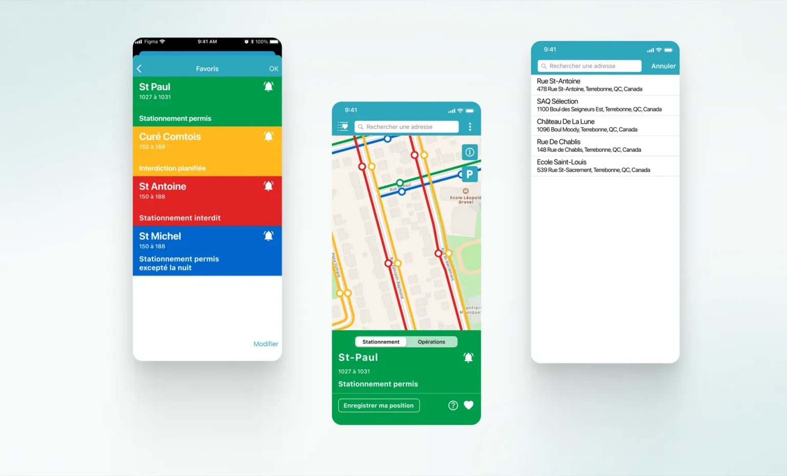 Three Terrebonne parking app screens: colour-coded favourite streets, a street map with the parking status of St-Paul and an address search