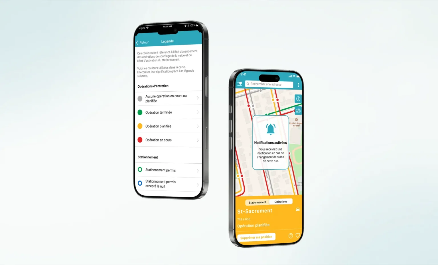 Two phones showing the Terrebonne parking app map legend for operations and parking, and a street map with notifications turned on for a planned operation