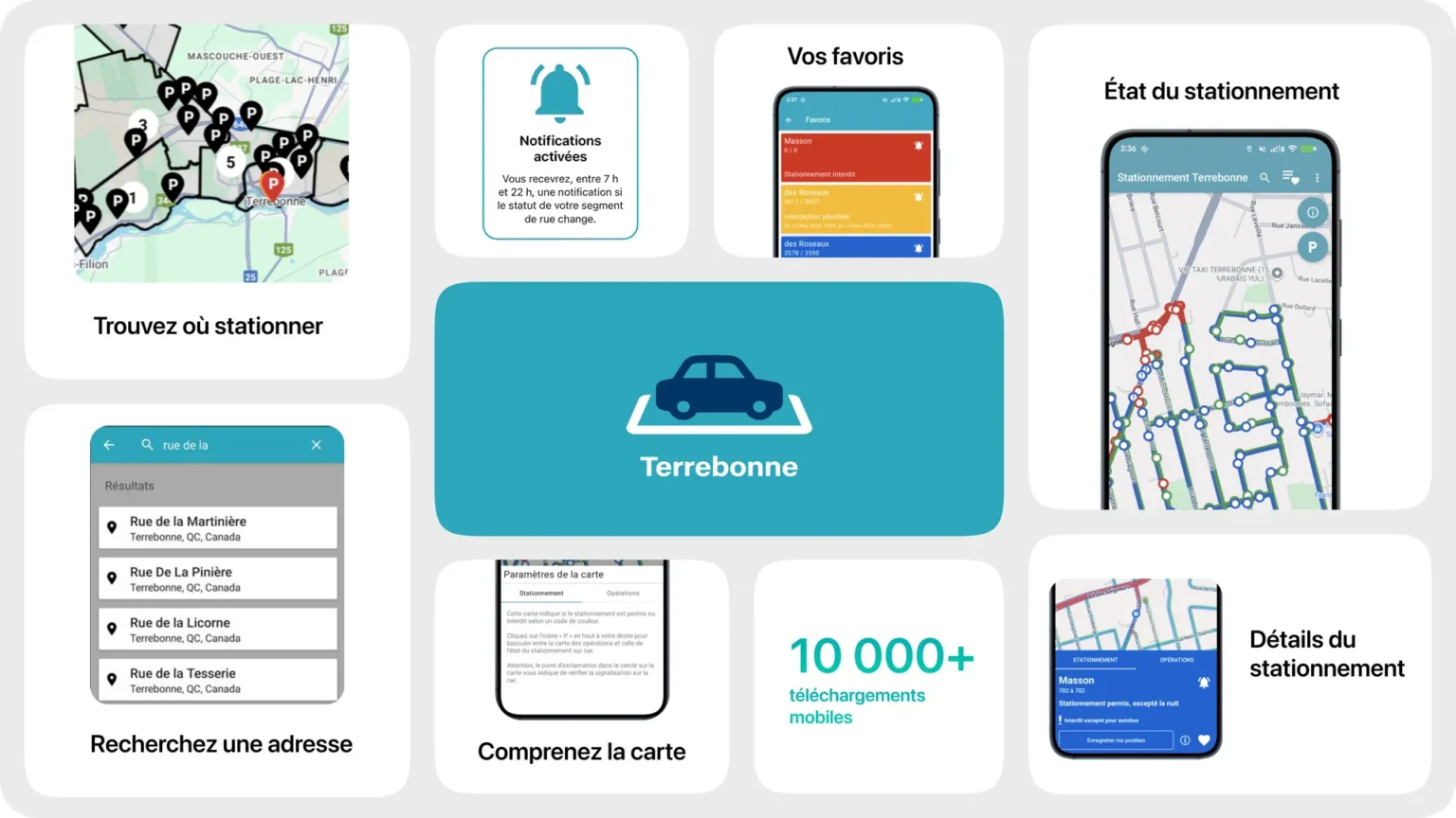 Overview of the Terrebonne street parking app showing the zone map, notifications, favourites, parking status map, address search, map legend and street parking details