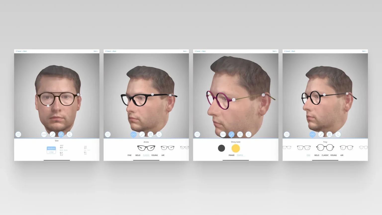 Eyeglasses tried on a 3D face scan in the YOU MAWO app, with size, frame style and colour settings