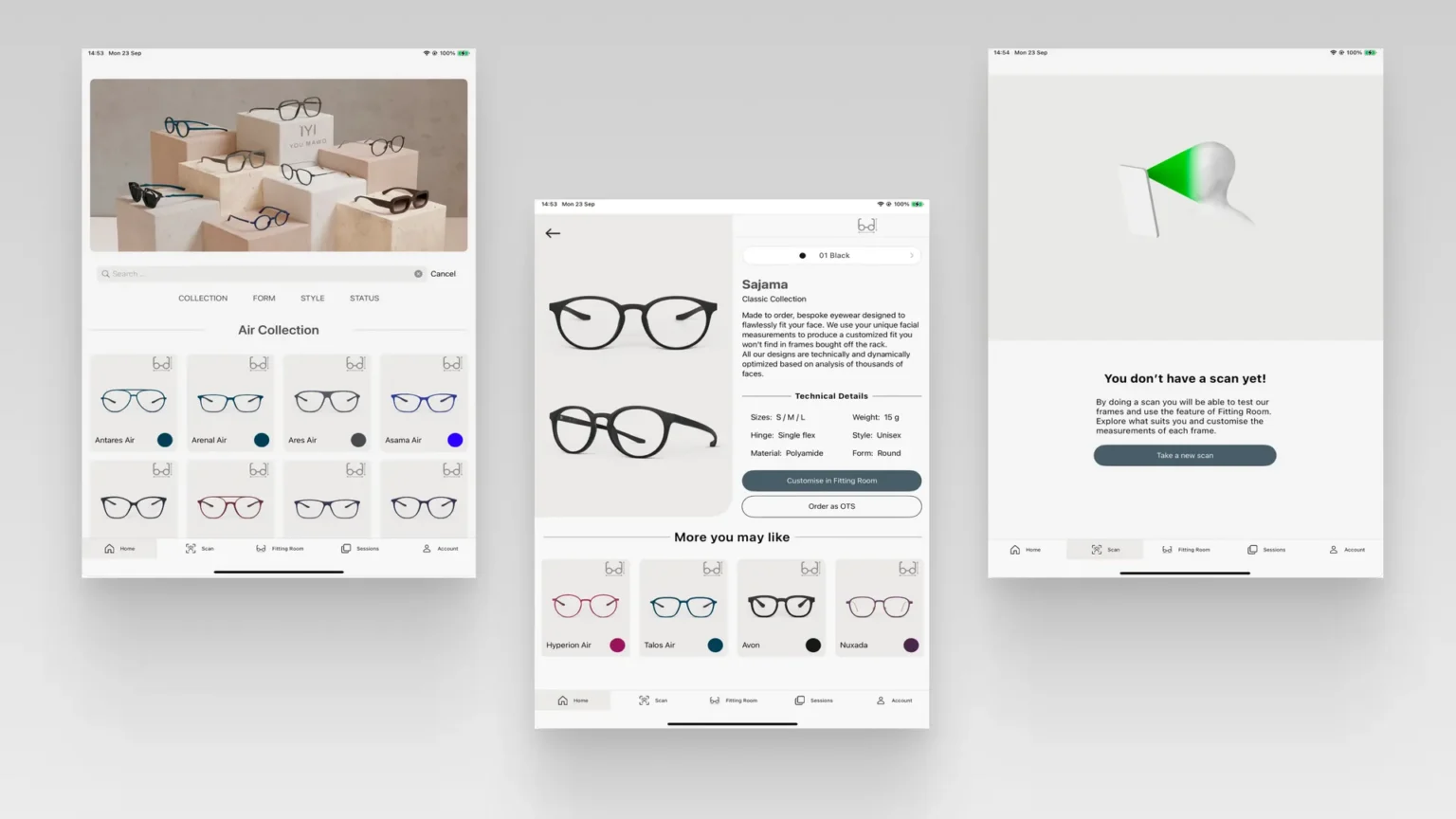 Three YOU MAWO iPad screens: Air Collection catalogue, Sajama frame details and a prompt to take a new scan