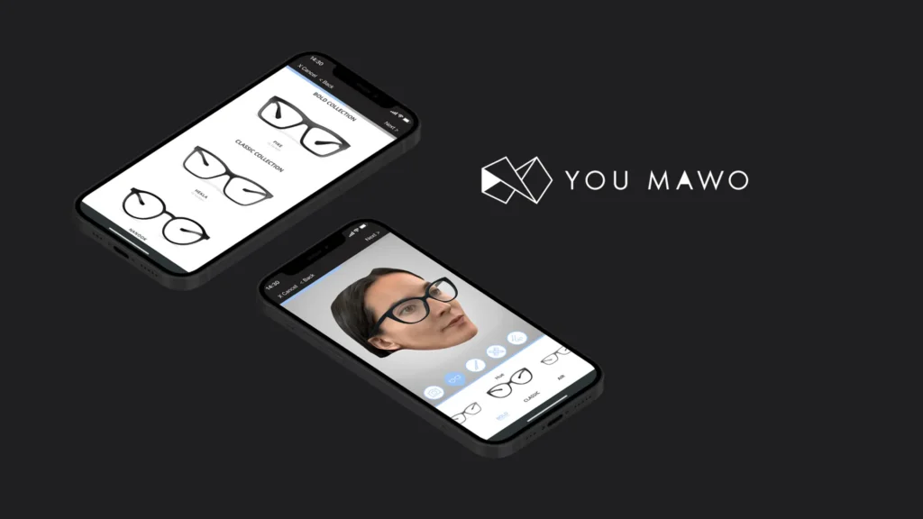 Two iPhones showing YOU MAWO eyewear collections and glasses tried on a 3D model of a woman’s head